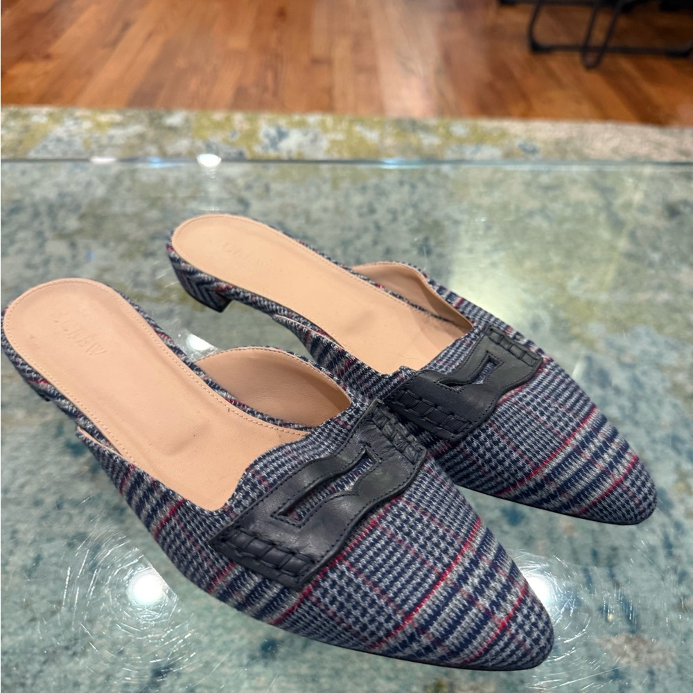 J. Crew Blue and Red Tweed Plaid Mules